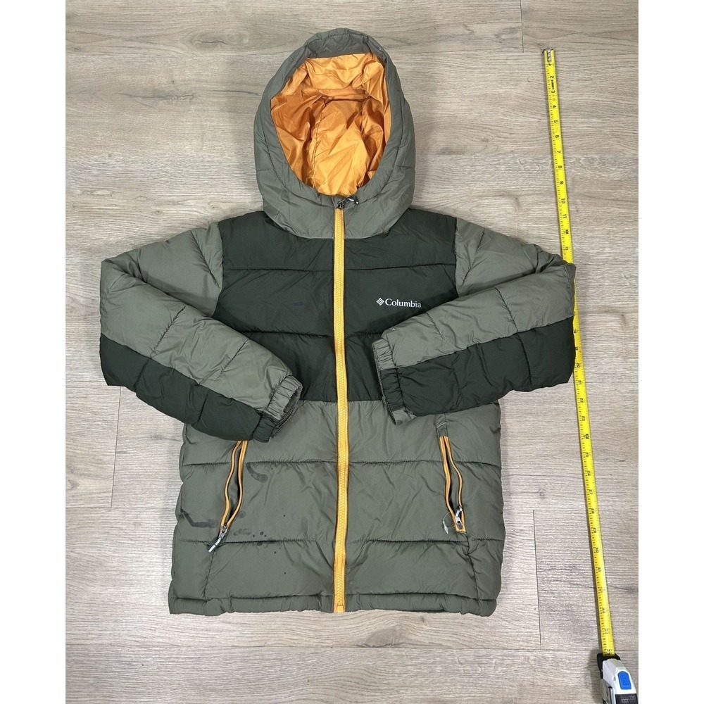 Columbia Pike Lake II Hooded Thermal Puffer Jacket Green Orange Youth Size M